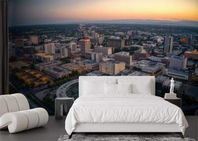 Aerial View of the Fresno, California Skyline at Dusk Wall mural