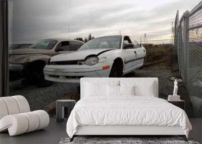 junk yard broken cars hood up old cars Wall mural