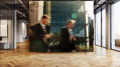 Business people using mobile phone while walking on street to of Wall mural