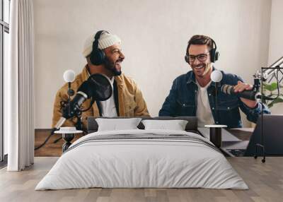 College radio dj's having a good time in a studio Wall mural