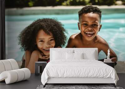 Cute brother and sister leaning on pool edge Wall mural