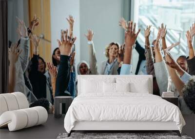 Diverse business group raising hands at conference event for team building and collaboration Wall mural