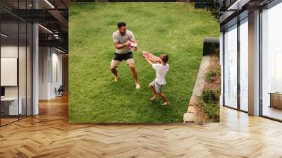 Father and son playing water gun fight outdoors. Wall mural