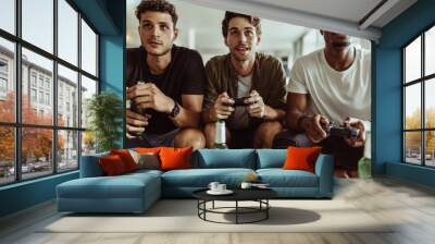 Friends playing video game sitting at home Wall mural