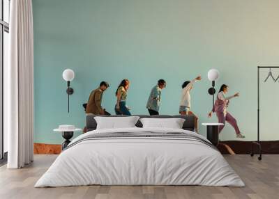 Group of friends traveling together, enjoying youth and adventure with copy space Wall mural