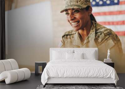 Happy female soldier video chatting with her family on a laptop Wall mural