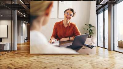 Happy hiring manager interviewing a job candidate in her office Wall mural