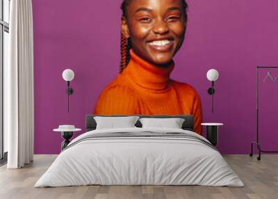 Happy woman with stylish braided hair on vibrant purple background. Wall mural