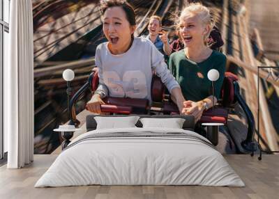 Happy young people riding a roller coaster Wall mural