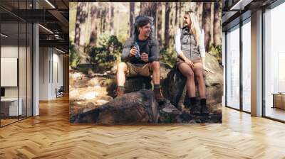 Hiking couple relaxing sitting on rocks during trekking Wall mural