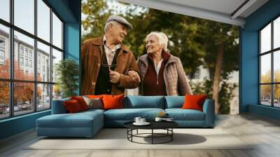 Loving senior couple enjoy a walk together on a winter day Wall mural