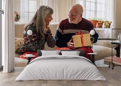 Senior couple sitting at home with a christmas present Wall mural