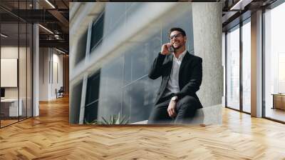 Smiling business person taking on mobile phone sitting outdoors Wall mural