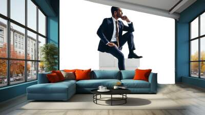 Successful businessman sitting on top of a block of stairs on a transparent background Wall mural