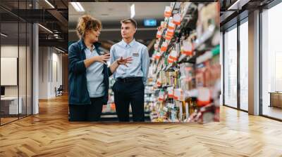 Supermarket manager giving training to a trainee Wall mural