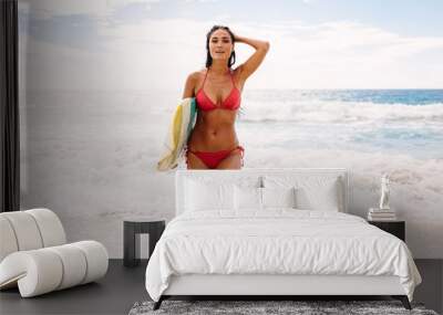 Woman enjoying summer holidays at tropical beach Wall mural