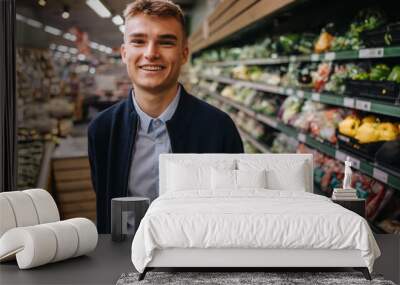 Youmg man on a holiday job in a supermarket Wall mural