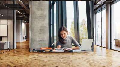 Young female student studying in library Wall mural