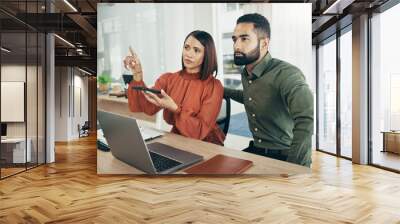 Invisible screen, team and business people on digital ui, futuristic and phone in startup office. Hands, man and woman press virtual touchscreen at desk on ux tech online, click app and collaboration Wall mural