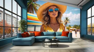 Summer fashion woman with sunglasses on beach. Summertime, vacation, holidays concept Wall mural