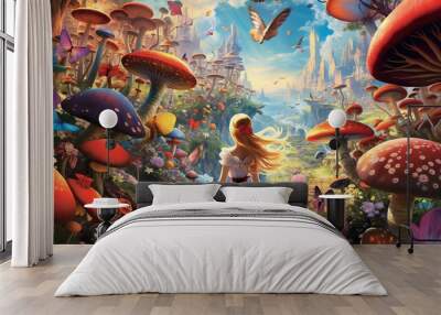 a beautiful girl in the surreal world of wonders. Giant mushrooms and vibrant colors Wall mural