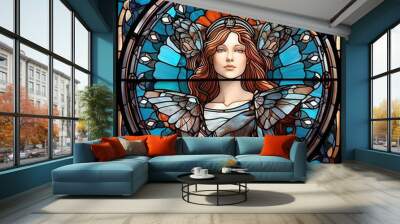 a beautiful stained glass window of a woman fairy. Vibrant colors. Modern design. AI generated image. Wall mural