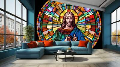 a beautiful stained glass window of Jesus Christ. Vibrant colors. Modern design. AI generated image. Wall mural