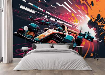 a Formula 1 race, with several cars competing at high speed on a modern track. Wall mural