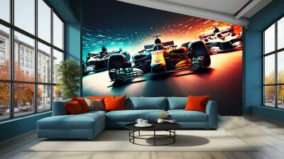 a Formula 1 race, with several cars competing at high speed on a modern track. Wall mural