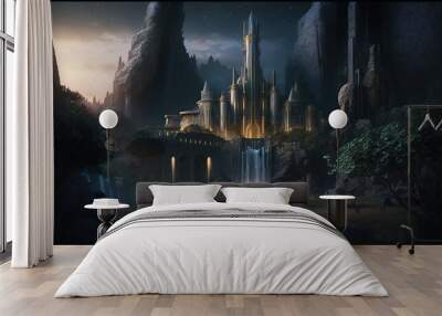 a mysterious tower in the center of an elven city on a plain in Waterfalls. Fantasy Wall mural