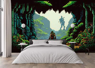 Adventure game screen, Retro computer games level. Pixel art video game scene 8 bit. Wall mural