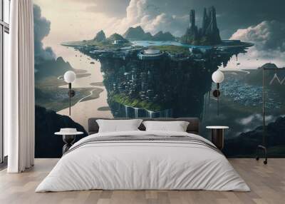 aerial view of a futuristic city built vertically. Beautiful clouds and waterfalls. Sunset Wall mural