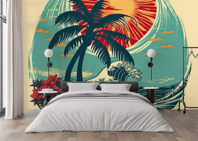 Big blue wave crashes on beach with red flowers, design, trendy design with palm trees silhouettes, typography, print. Wall mural