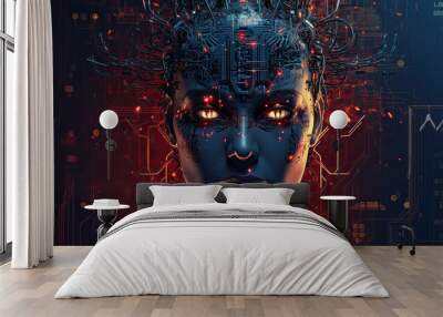 cyber robotic portrait head in the electronics Wall mural