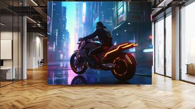 futuristic, a beautiful biker woman. cyberpunk. game character. Wall mural