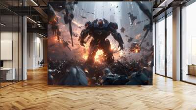 game characters. Action scene with soldiers in armor at war against invading monsters and aliens, science fiction. epic battle. High tech. AI generated image. Wall mural