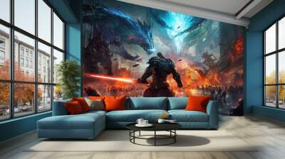 game characters. Action scene with soldiers in armor at war against invading monsters and aliens, science fiction. epic battle. High tech. AI generated image. Wall mural