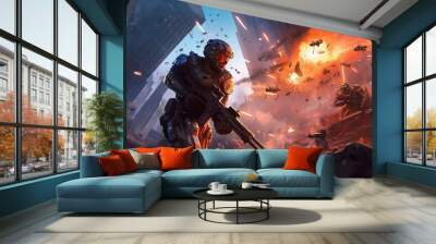 game characters. Action scene with soldiers in armor at war against invading monsters and aliens, science fiction. epic battle. High tech. AI generated image. Wall mural