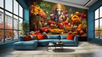 Ganesha on an altar decorated with flowers and fruits. Wall mural