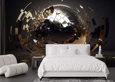 Golden disco mirror ball spinning and breaking into fragments. motion Wall mural