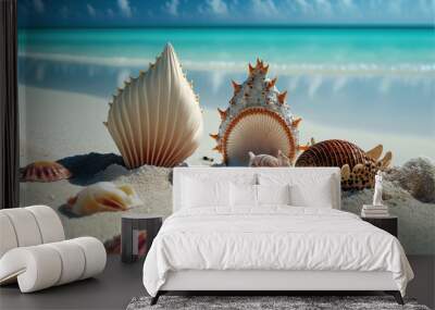 sea shells on sand beach, maldives Wall mural