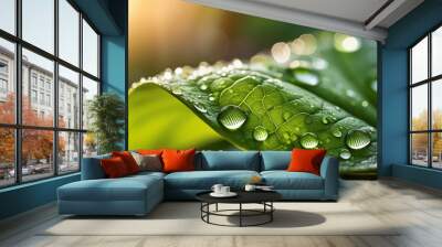 water drops on green leaf Wall mural