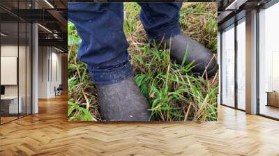 Closeup of tough safety work boots in green grass with blue work pants Wall mural