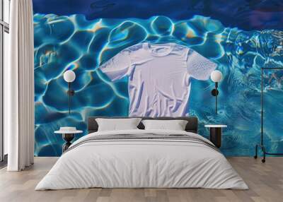 T-Shirt Apparel Mock Up for Summer, Blank White Tee Shirt Floating in An Outdoor Blue Sparkling Pool Wall mural