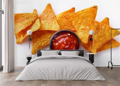 Nachos chips with salsa sauce isolated on white background. Salty chips Top view. Flat lay.. Wall mural