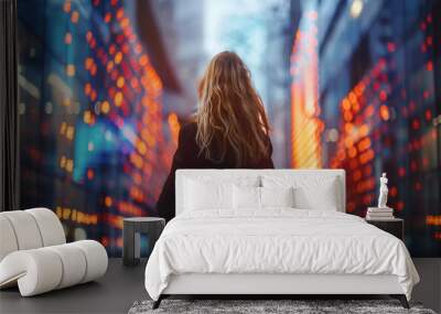 Businesswoman in city and graph Wall mural