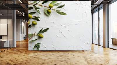 olives and branches on white textured background Wall mural