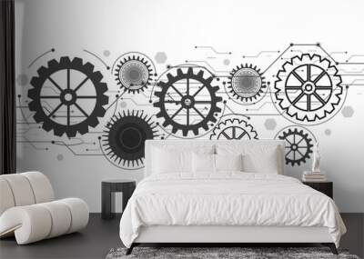 Cogs and gear wheel mechanisms. Concepts and ideas for hi-tech digital technology and engineering design Wall mural