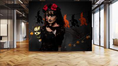 Devil White face clown and Zombie girl black hair, two ghosts possessed together over Halloween backgrounds with witches and pumpkins head decorate die tree, low key dark shadow exposure copy space Wall mural