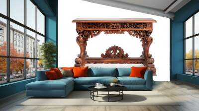 Elegant Vintage Wooden Table with Intricate Carvings on White Background Wall mural